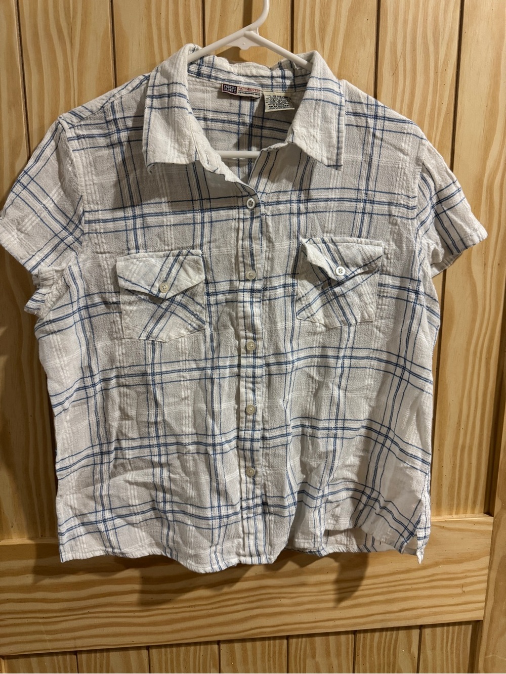 VINTAGE FADED GLORY 100% COTTON BUTTON UP CROP TOP- BLUE & WHITE